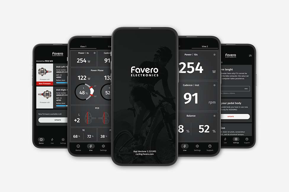 Favero Assioma app mockup with functionalities